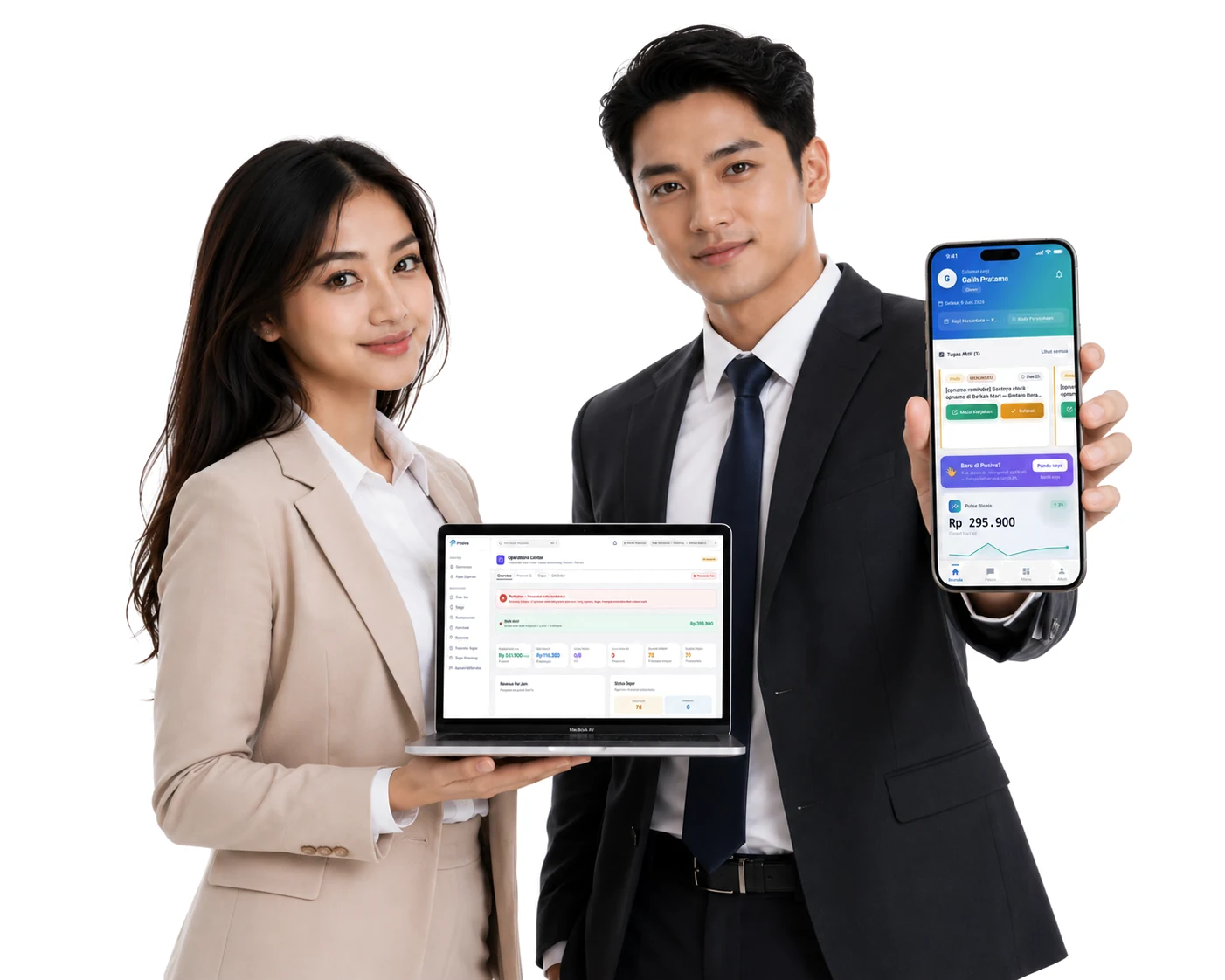 Tim bisnis memantau Posiva — dashboard ERP di laptop & aplikasi mobile